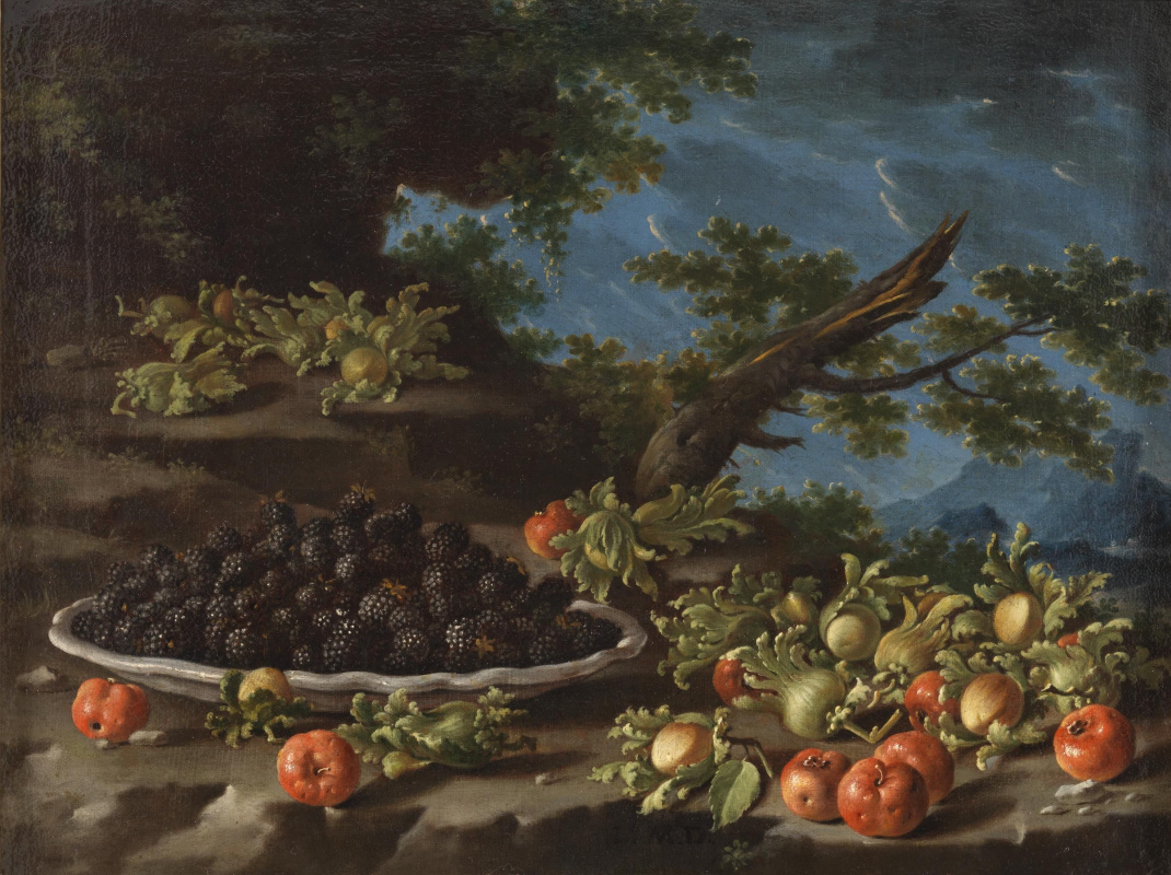 Луис Мелендес. Натюрморт с тарелкой ягод и лесными орехами на фоне пейзажа