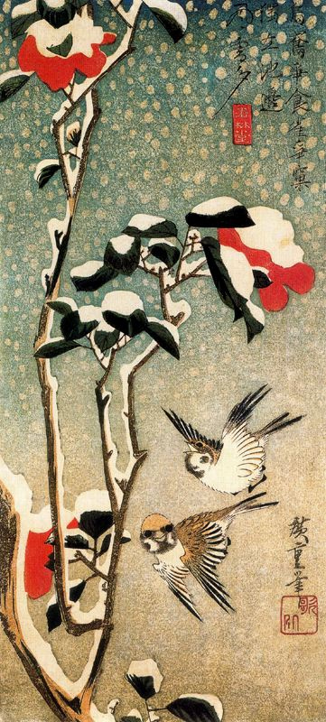 Утагава Хиросигэ. Воробьи и заснеженная камелия. Серия "Птицы и цветы"