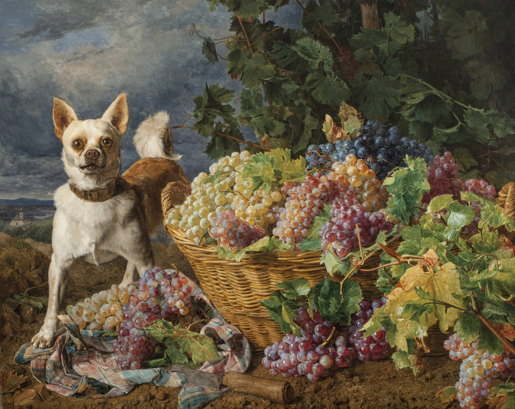 Фердинанд Георг Вальдмюллер. Собака охраняет корзину с виноградом на фоне пейзажа