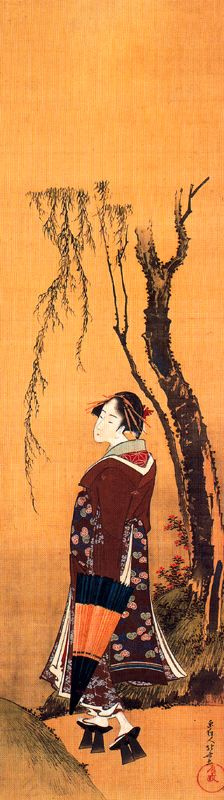 Кацусика Хокусай. Красавица с зонтом под ивой