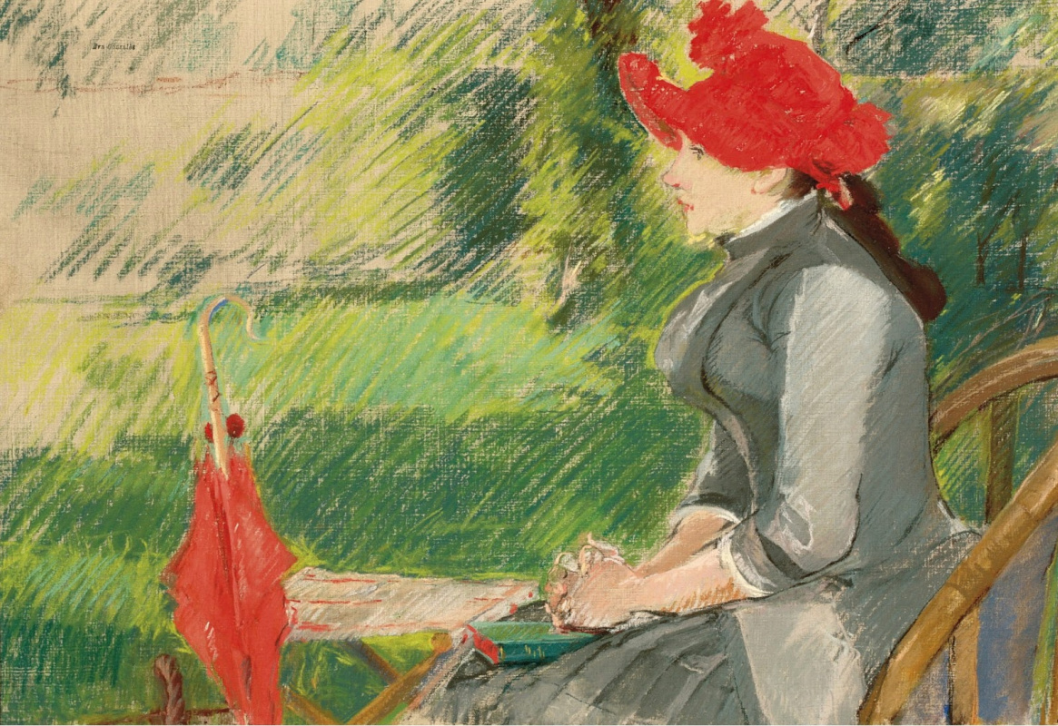 Ева Гонсалес. Чтение в саду (Женщина в красной шляпе)