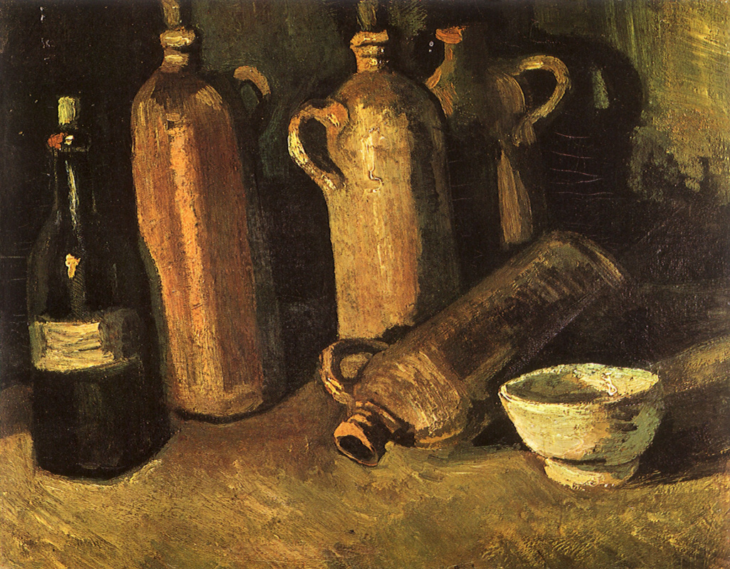 Винсент Ван Гог. Натюрморт с четырьмя бутылками флягой и белой чашкой