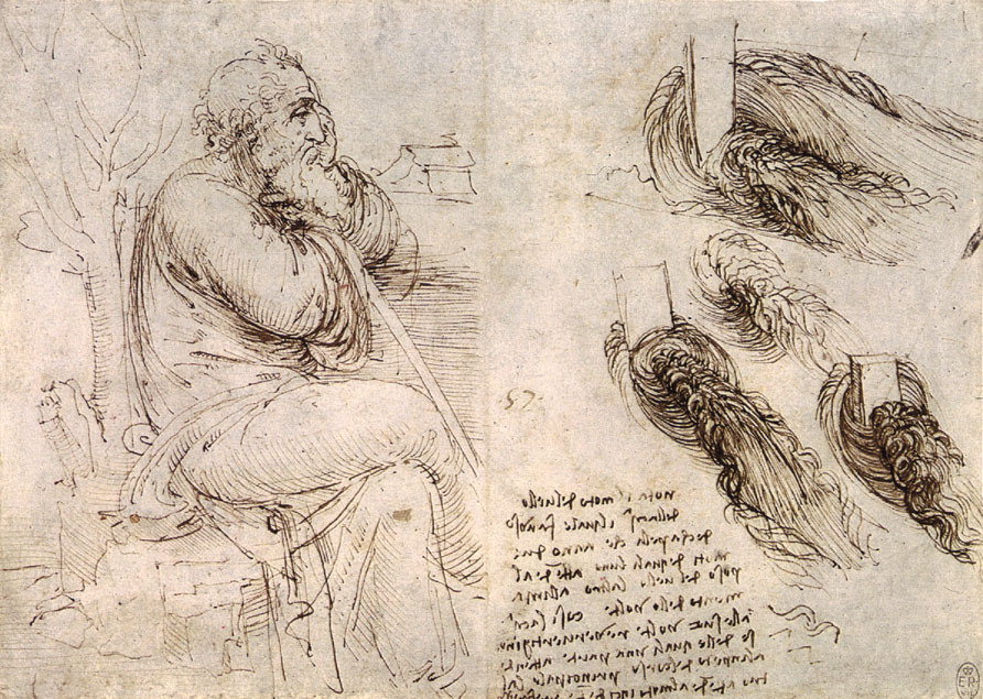 Леонардо да Винчи. Сидящий старик и зарисовки движения воды