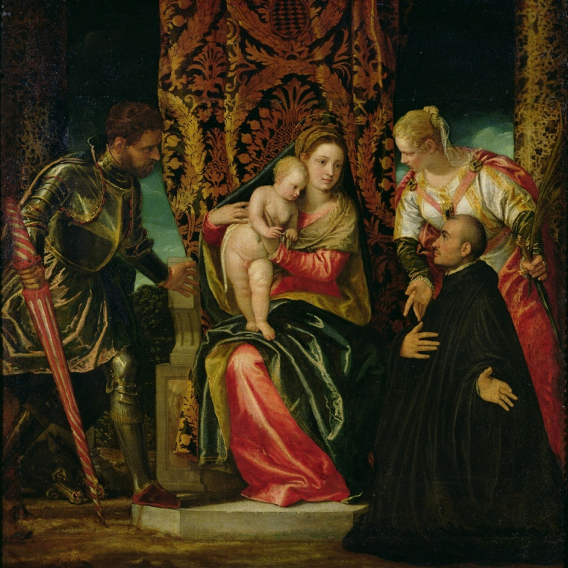 Паоло Веронезе. Мадонна с младенцем, со святыми Юстином и Георгием и бенедиктинскнм монахом