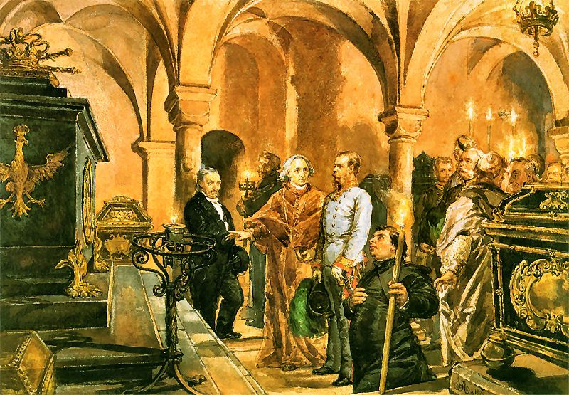 Ян Матейко. Император Франц-Иосиф перед саркофагом короля Яна III Собеского в склепе Св. Леонардо в Вавельском соборе
