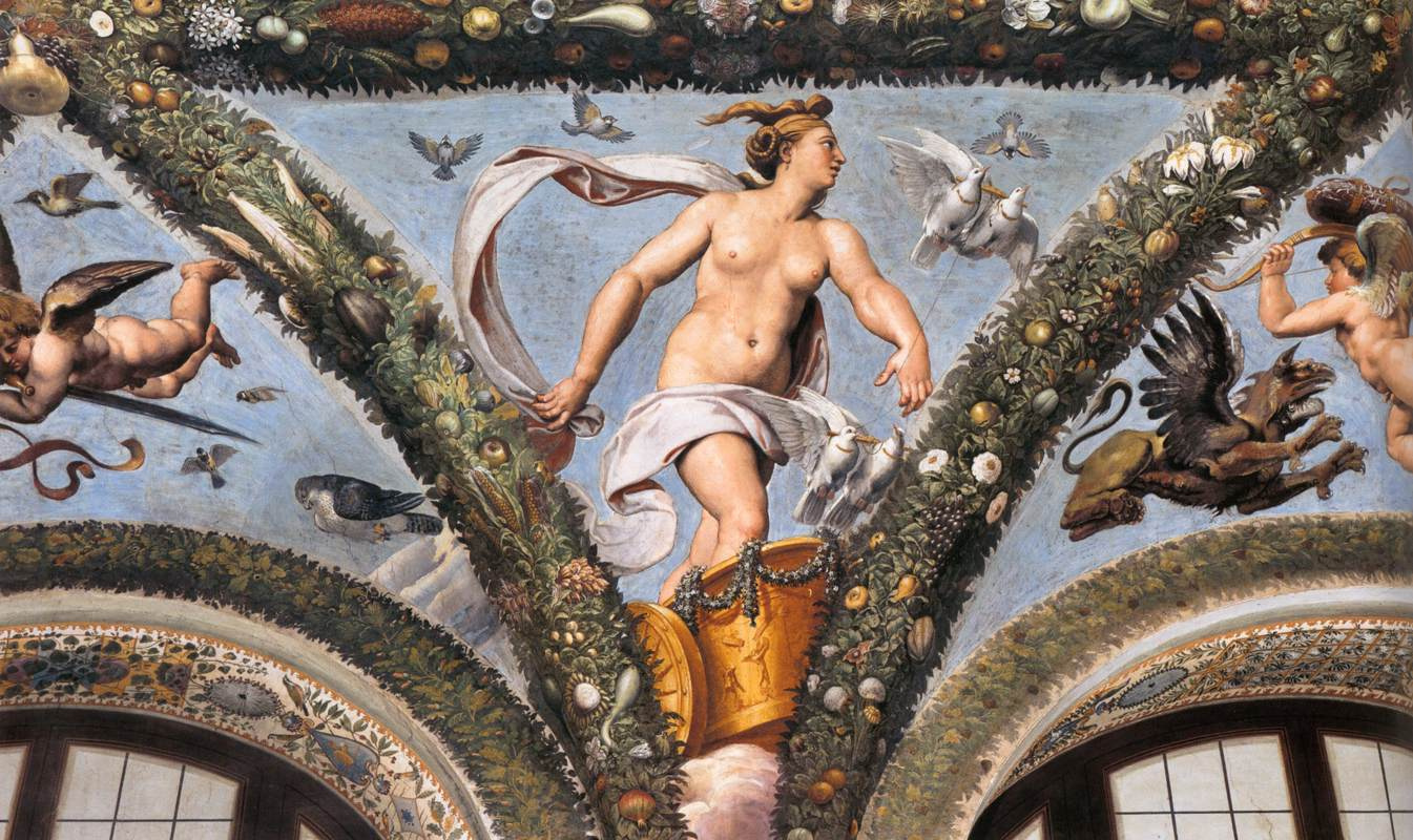 Рафаэль Санти. Венера в колеснице, запряженной голубями. Фреска лоджии Психеи виллы Фарнезина, Рим