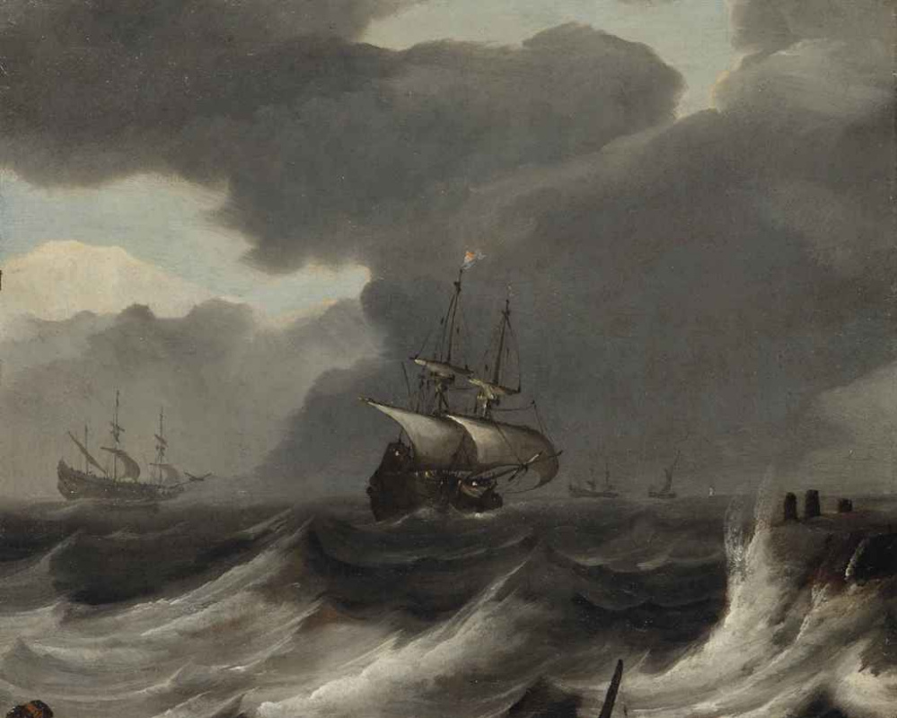 Ян Порселлис. Корабли в шторм у побережья