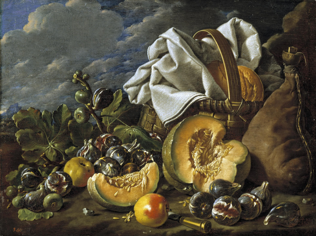 Луис Мелендес. Натюрморт с дыней и инжиром, яблоками, бурдюком и закусками в корзине на фоне пейзажа