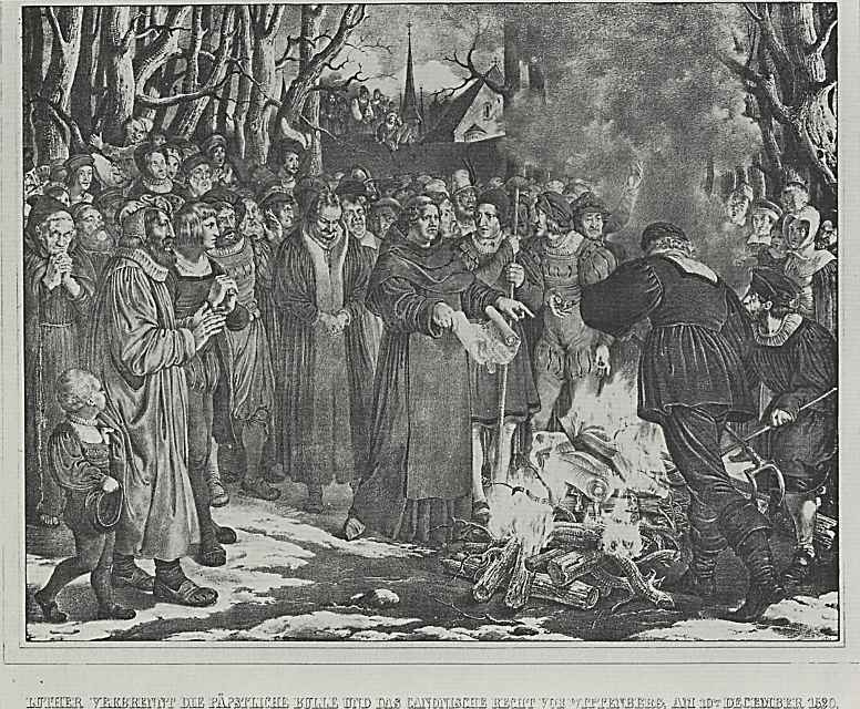 Адольф фон Менцель. Иллюстрации к книге "Жизнь Лютера", Лютер сжигает папскую буллу и каноническое право