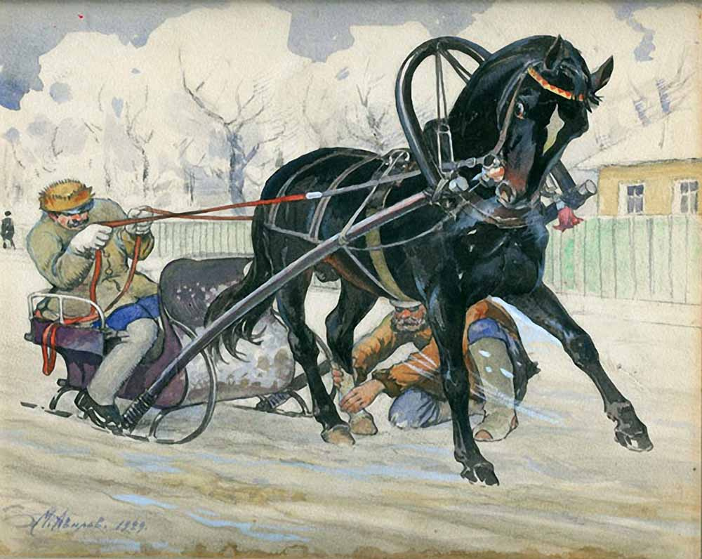 Михаил Иванович Авилов. Конь, запряженный в санки. 1929