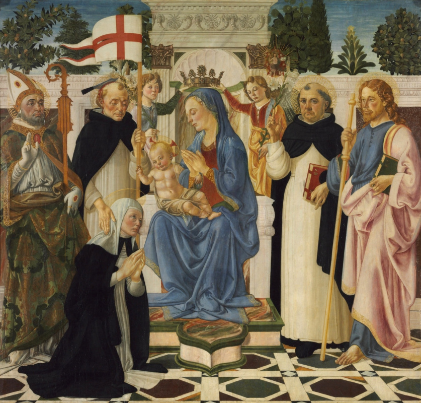 Андреа дель Верроккьо. Мадонна с младенцем, пятью святыми и ангелами