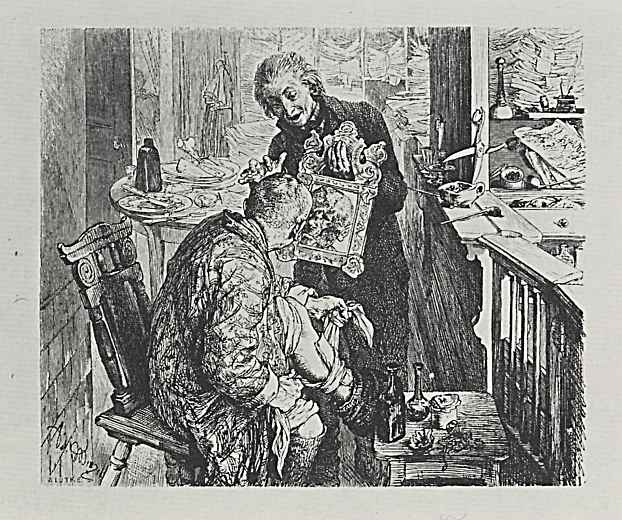 Адольф фон Менцель. Иллюстрация к "Разбитому кувшину" Генриха фон Кляйста, Писарь Лихт застаёт деревенского судью Адама забинтовывающим ногу