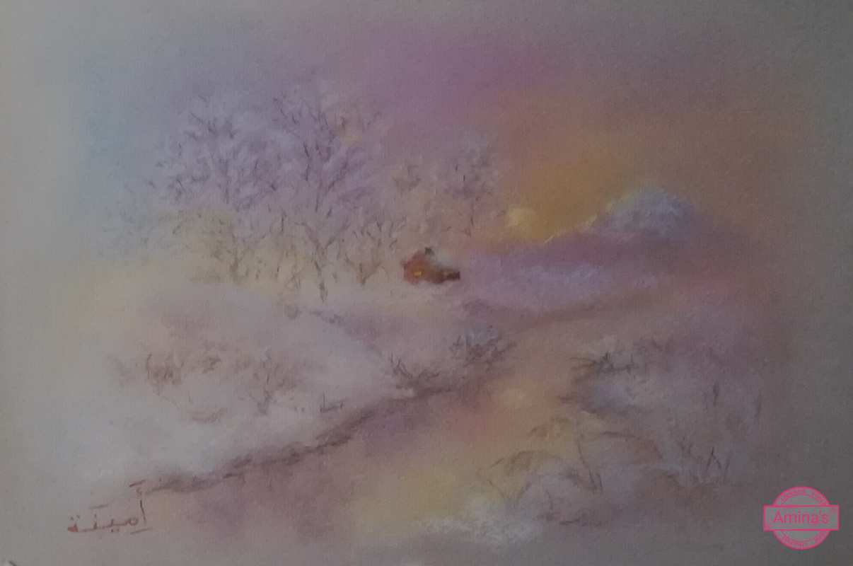 Амина. Картина пейзаж сухой пастелью" Домик у снежной горы"