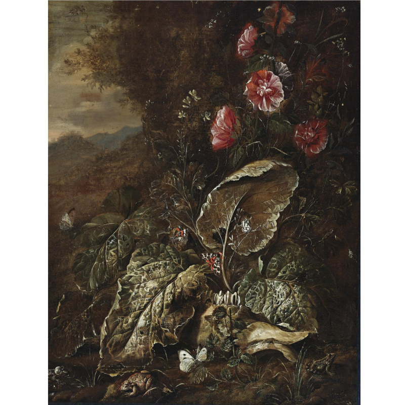 Отто Марсеус ван Скрик. Натюрморт с цветами и растениями в пейзаже с жабами и мотыльками