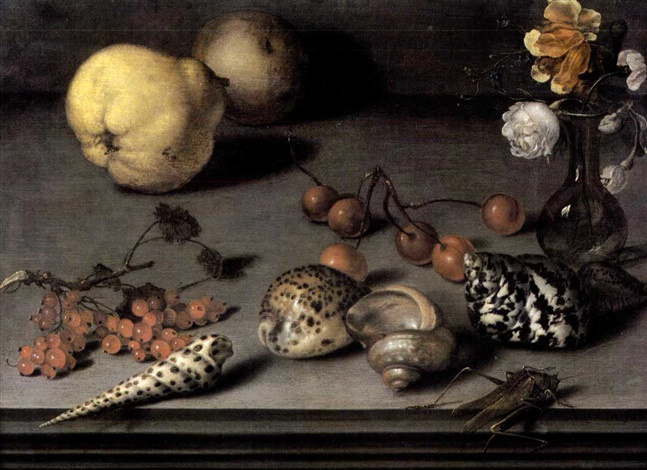 Балтазар ван дер Аст. Натюрморт с айвой, смородиной, вазой, раковинами и кузнечиком на краю стола
