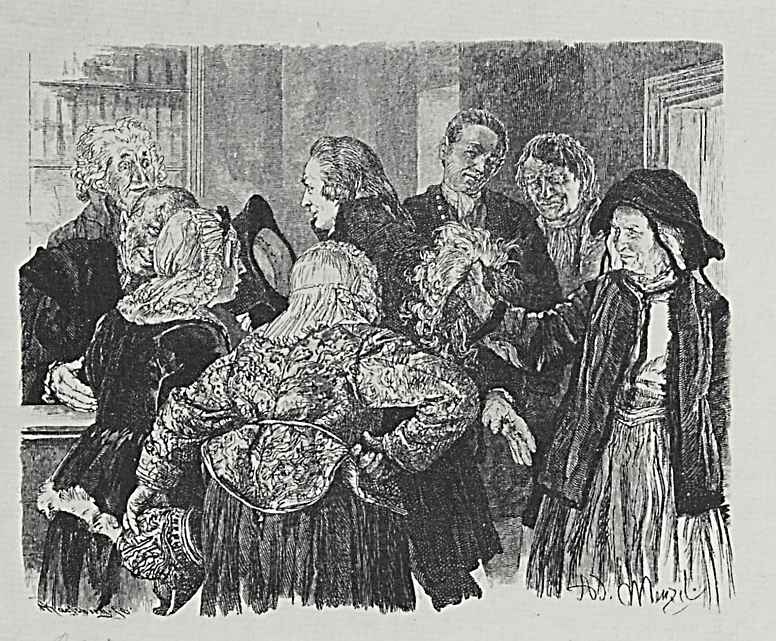 Адольф фон Менцель. Иллюстрация к "Разбитому кувшину" Генриха фон Кляйста, Старая Бригитта с париком в руке