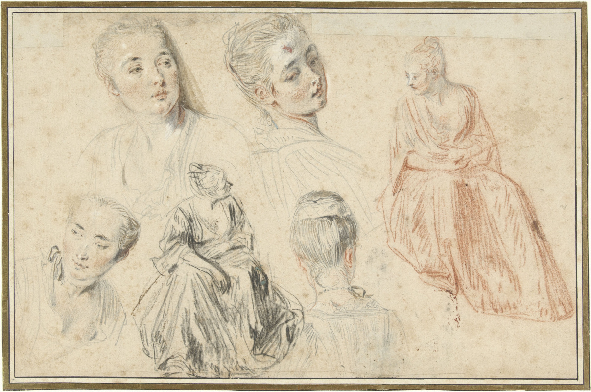 Антуан Ватто. Четыре эскиза женской головы и двух сидящих женщин