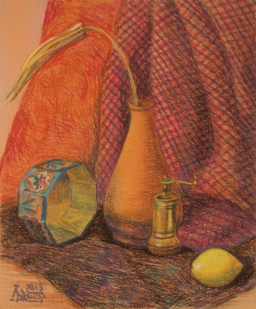 Лариса Луканева. Натюрморт с лимоном и сухим цветком