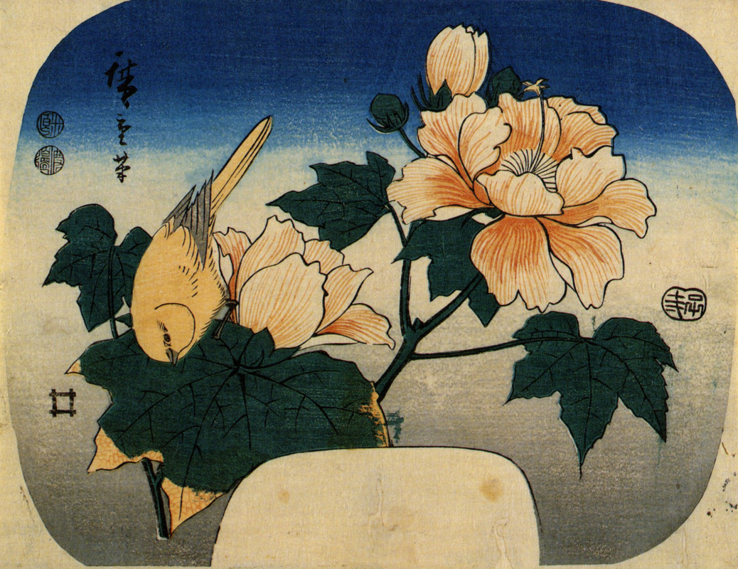 Утагава Хиросигэ. Канарейка и цветы мальвы