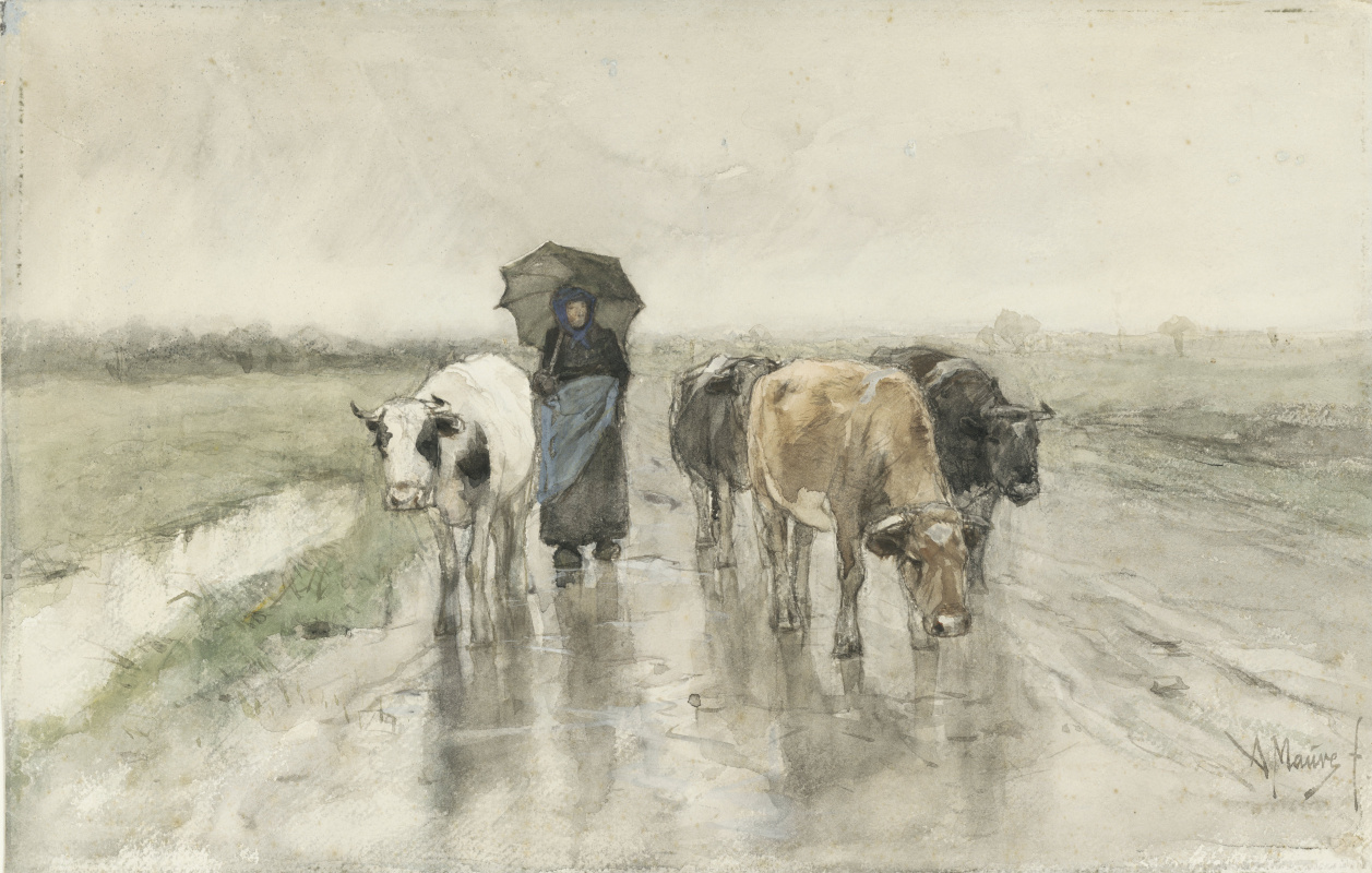 Антон Мауве. Пастушка с коровами на сельской дороге под дождем
