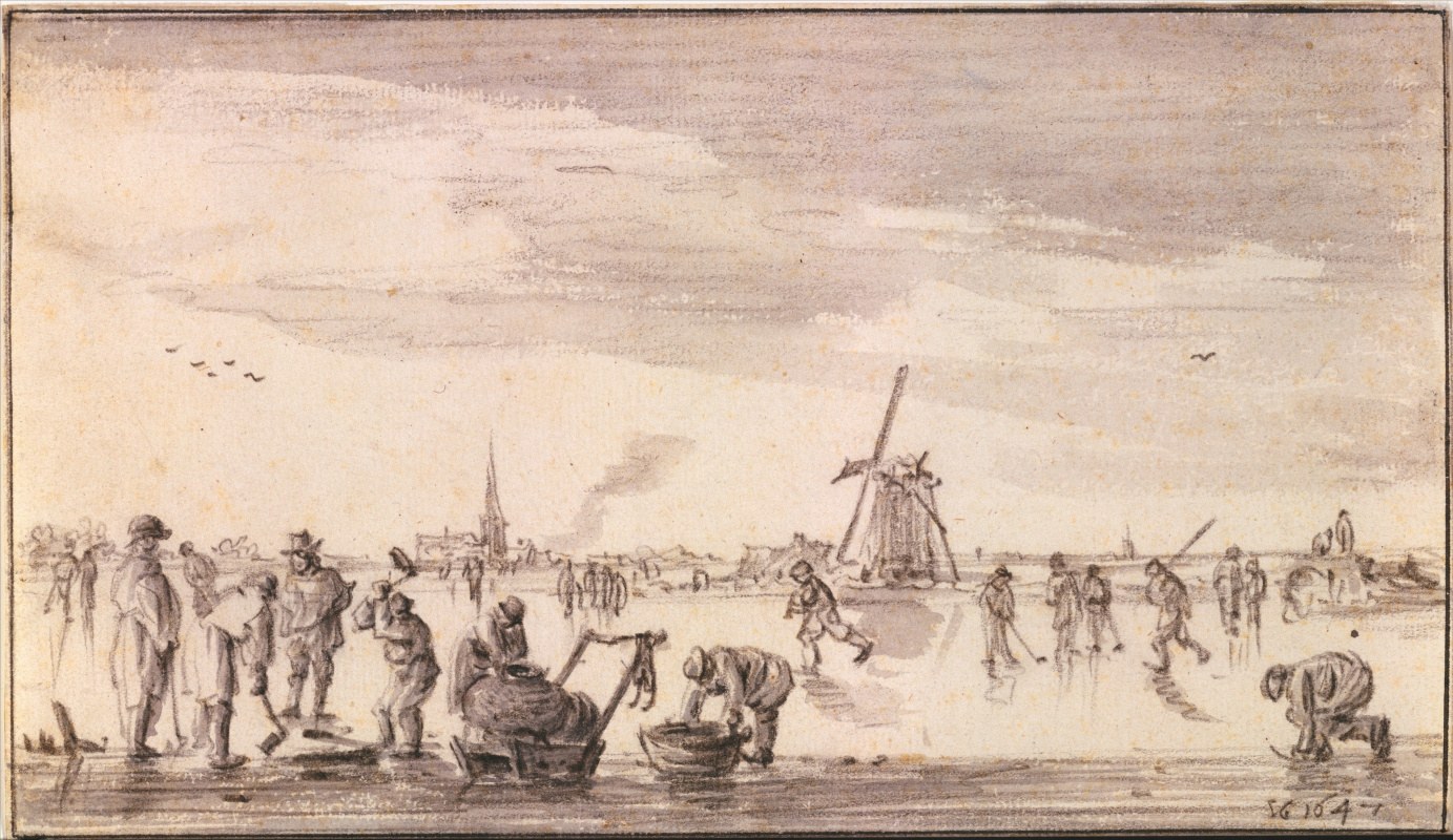 Ян ван Гойен. Зимний пейзаж с фигуристами и рыболовами