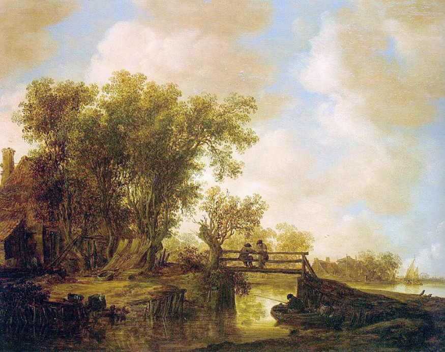 Ян ван Гойен. Речной пейзаж с рыбаками на мостике