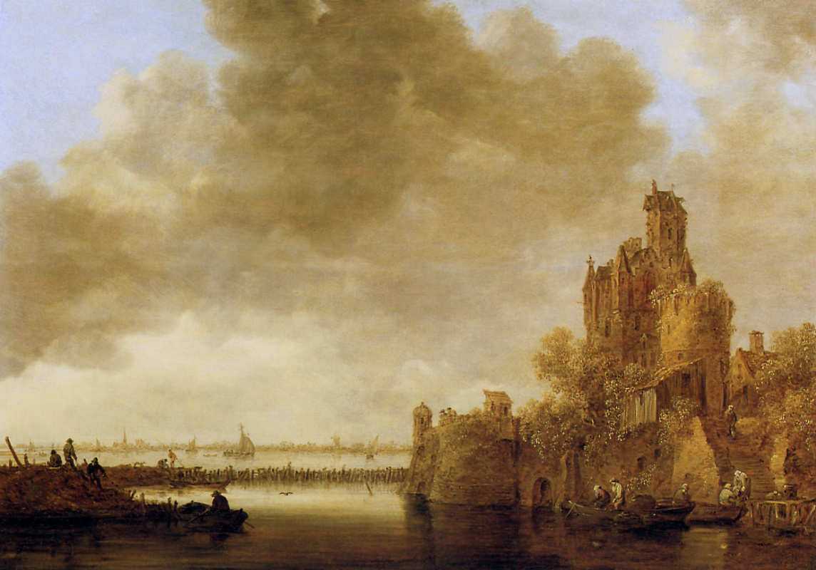 Ян ван Гойен. Речной пейзаж с башней, освещаемой солнцем