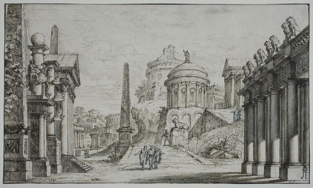 Джузеппе Валериани. Архитектурная композиция с круглым храмом в центре и обелисками в левой части