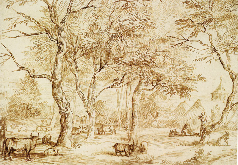 Ян Ливенс. Лесной пейзаж с деревней и стадом