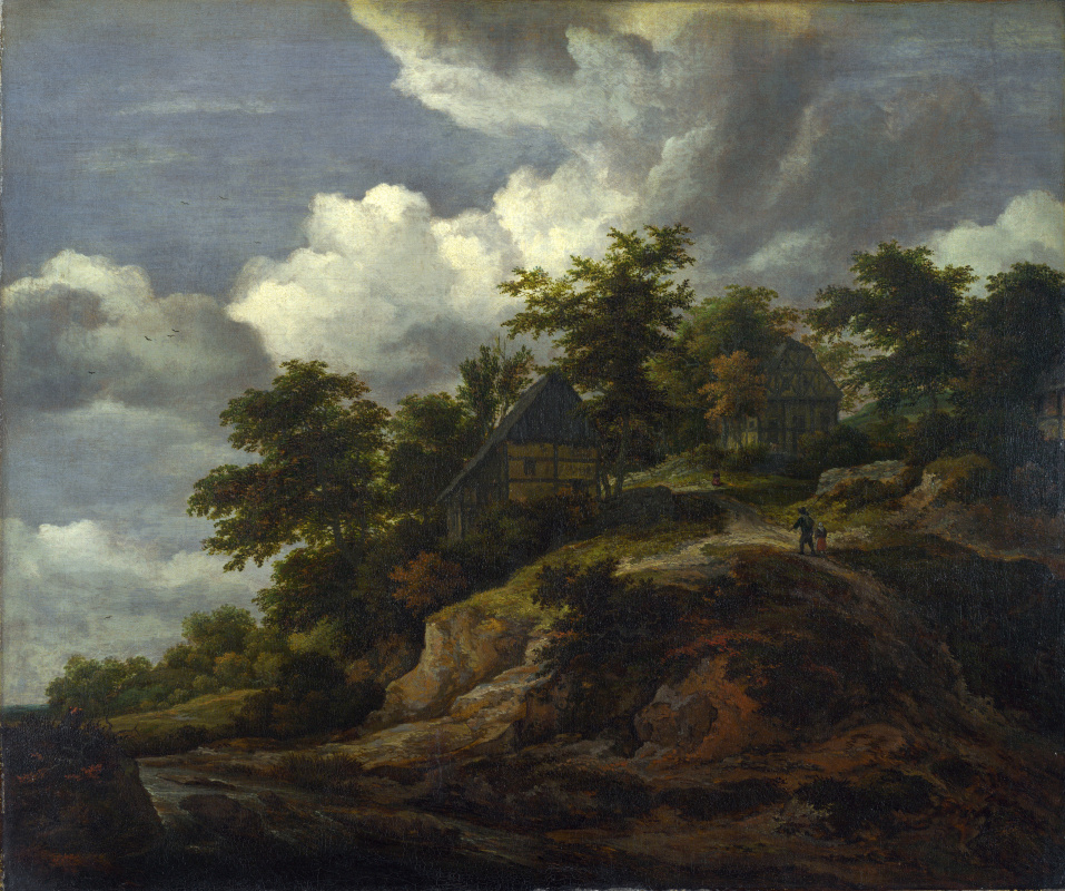 Якоб Исаакс ван Рейсдал. Скалистый холм с тремя домами и ручей у подножия