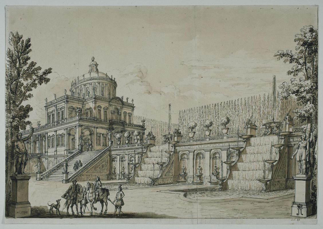 Джузеппе Валериани. Дворец с террасой фонтанов и всадниками на переднем плане