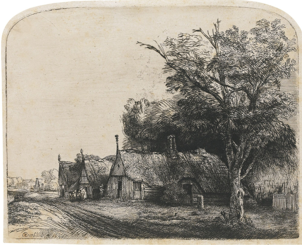 Рембрандт Харменс ван Рейн. Пейзаж с тремя хижинами вдоль дороги