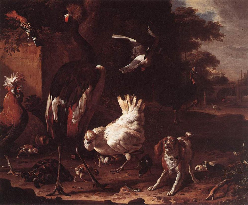 Мельхиор де Хондекутер. Птицы и спаниель в саду