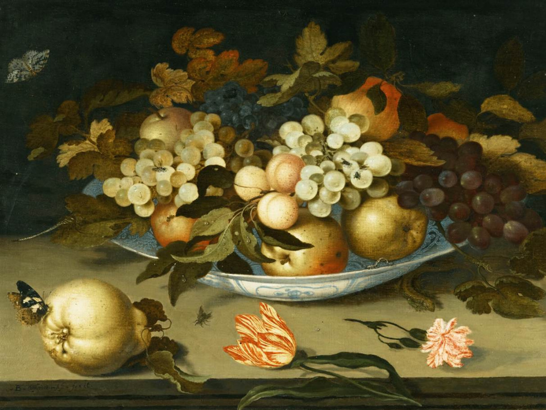 Балтазар ван дер Аст. Тарелка с фруктами, груша, бабочка и тюльпан на столе