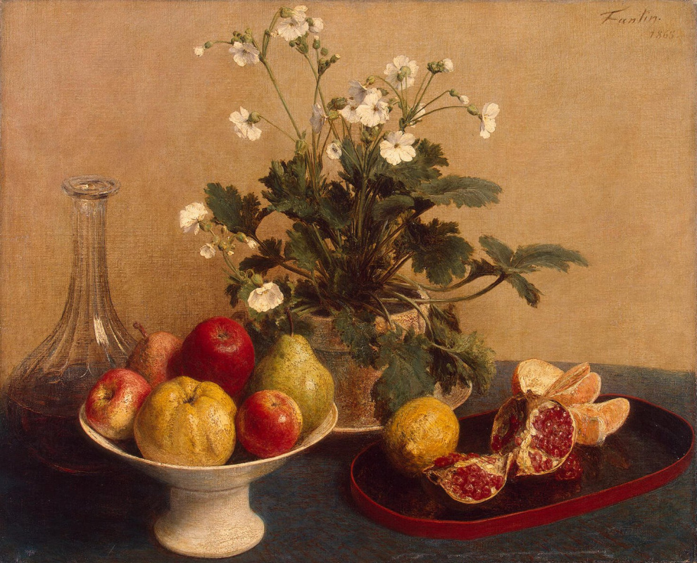 Анри Фантен-Латур. Цветы, ваза с фруктами и графин