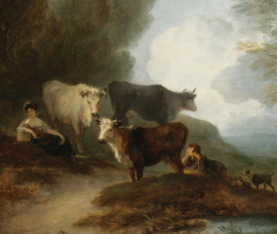 Томас Гейнсборо. Пейзаж с коровами и молочницей. Фрагмент