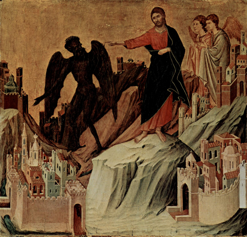 Дуччо ди Буонинсенья. Маэста, алтарь сиенского кафедрального собора, оборотная сторона, пределла со сценами Искушения Христа и Чудесами