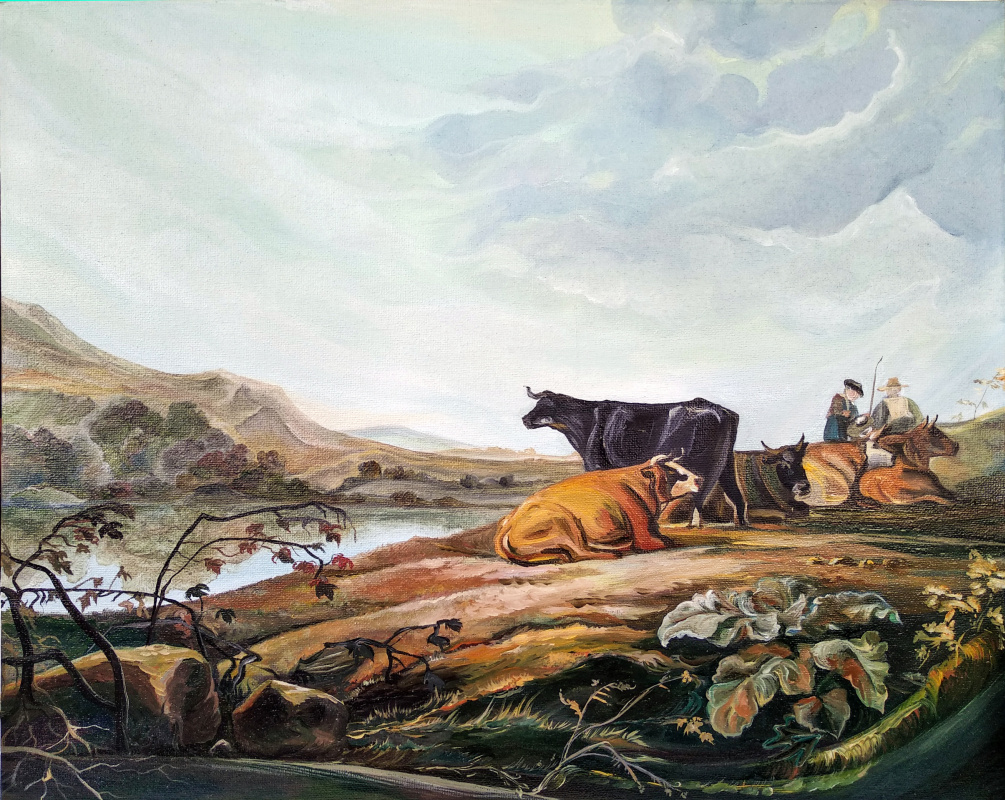 Viola Larkina. Утренний пейзаж с всадниками и пастухами