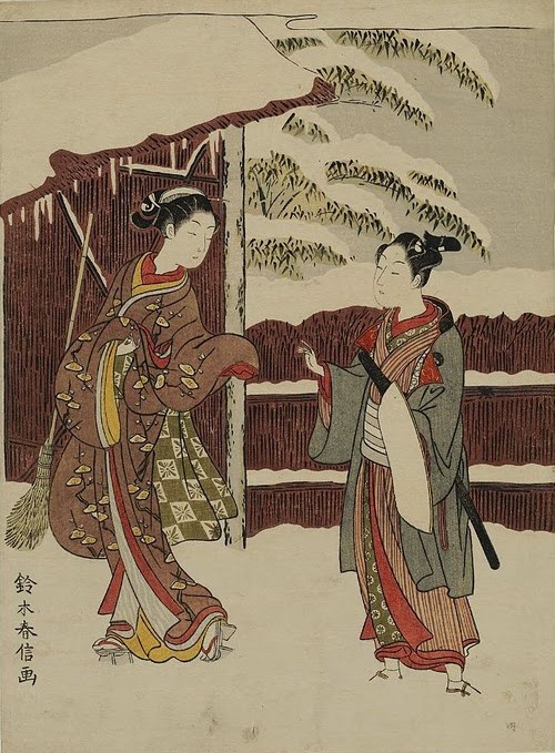 Судзуки Харунобу. Молодая пара у ворот в снегу