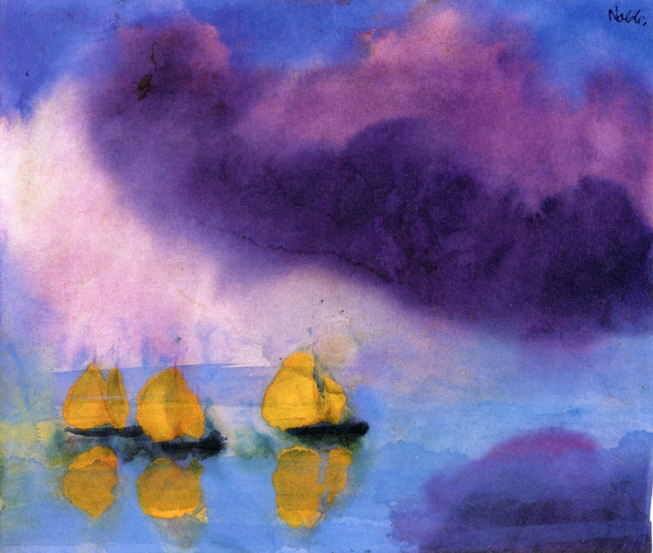 Эмиль Нольде. Пейзаж с фиолетовыми облаками и тремя желтыми парусниками