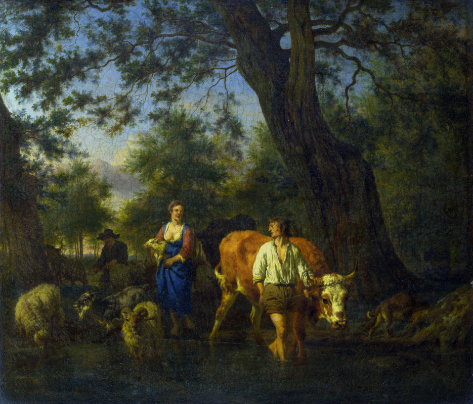 Адриан ван де Вельде. Крестьяне с крупным рогатым скотом вброд поток