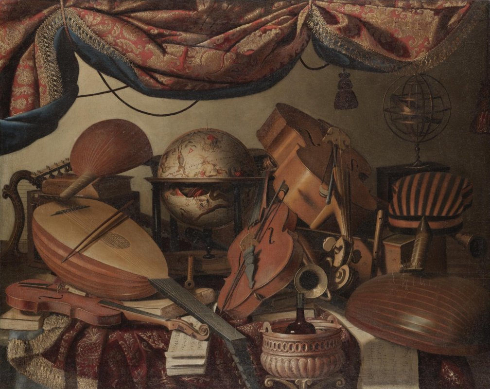 Бартоломео Беттера. Натюрморт с музыкальными инструментами, глобусом и книгами