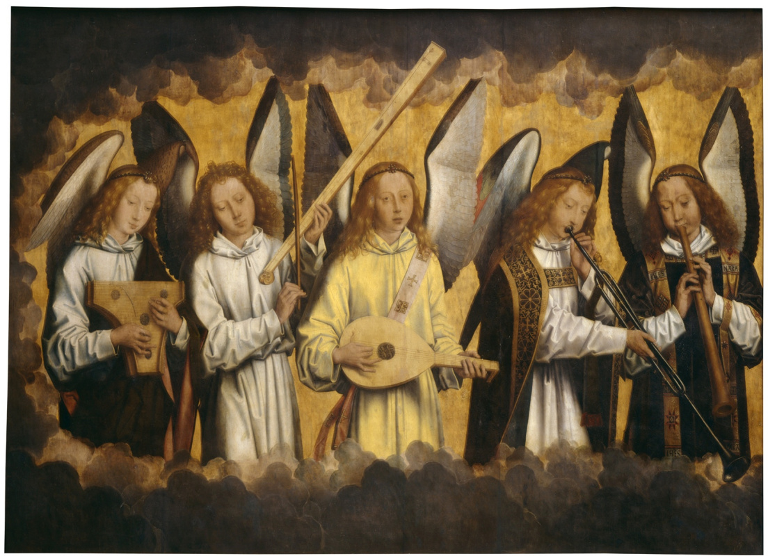 Ганс Мемлинг. Христос с поющими и музицирующими ангелами. Триптих, левая панель