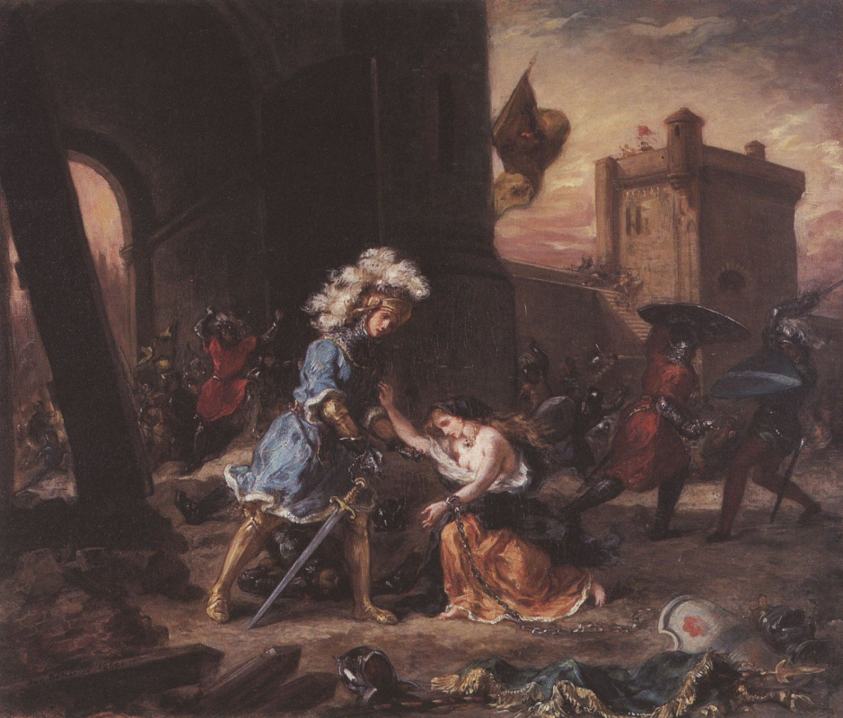 Эжен Делакруа. Амадис де Голль (Амадис Гальский) спасает княгиню Ольгу у замка Галаора
