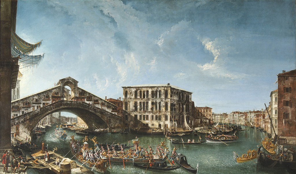 Микеле Мариески. Вид на мост Риальто и Палаццо де Камерленги с торжественным прибытием патриарха Антонио Коррера в 1737 году