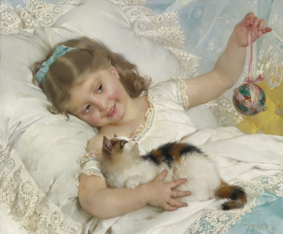 Эмиль Мюнье. Девочка, играющая с котенком