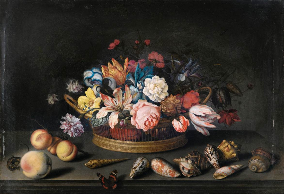 Балтазар ван дер Аст. Натюрморт с цветами в корзине, персиками и раковинами