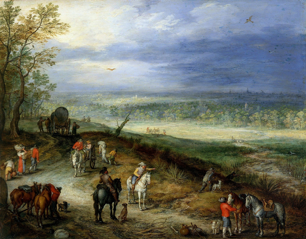 Ян Брейгель Старший. Обширный пейзаж с путешественниками на сельской дороге. 1608