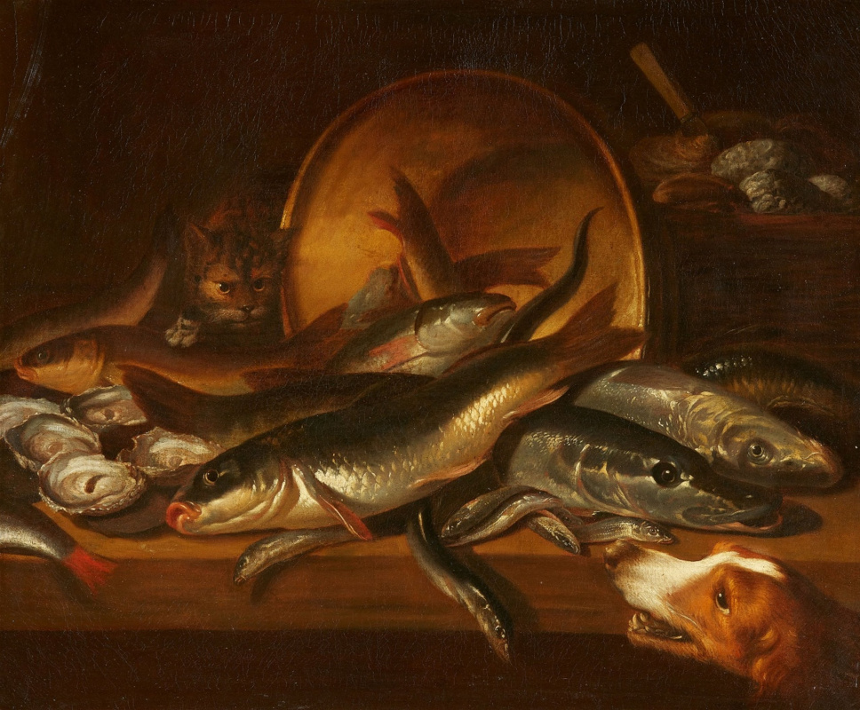 Исаак ван Дуйнен. Натюрморт с рыбой, котом и собакой