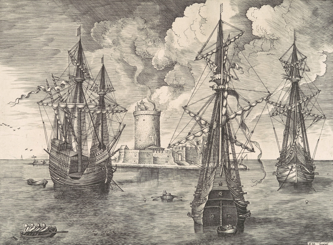 Четырехмачтовое и два трехмачтовых судна на фоне крепости на острове